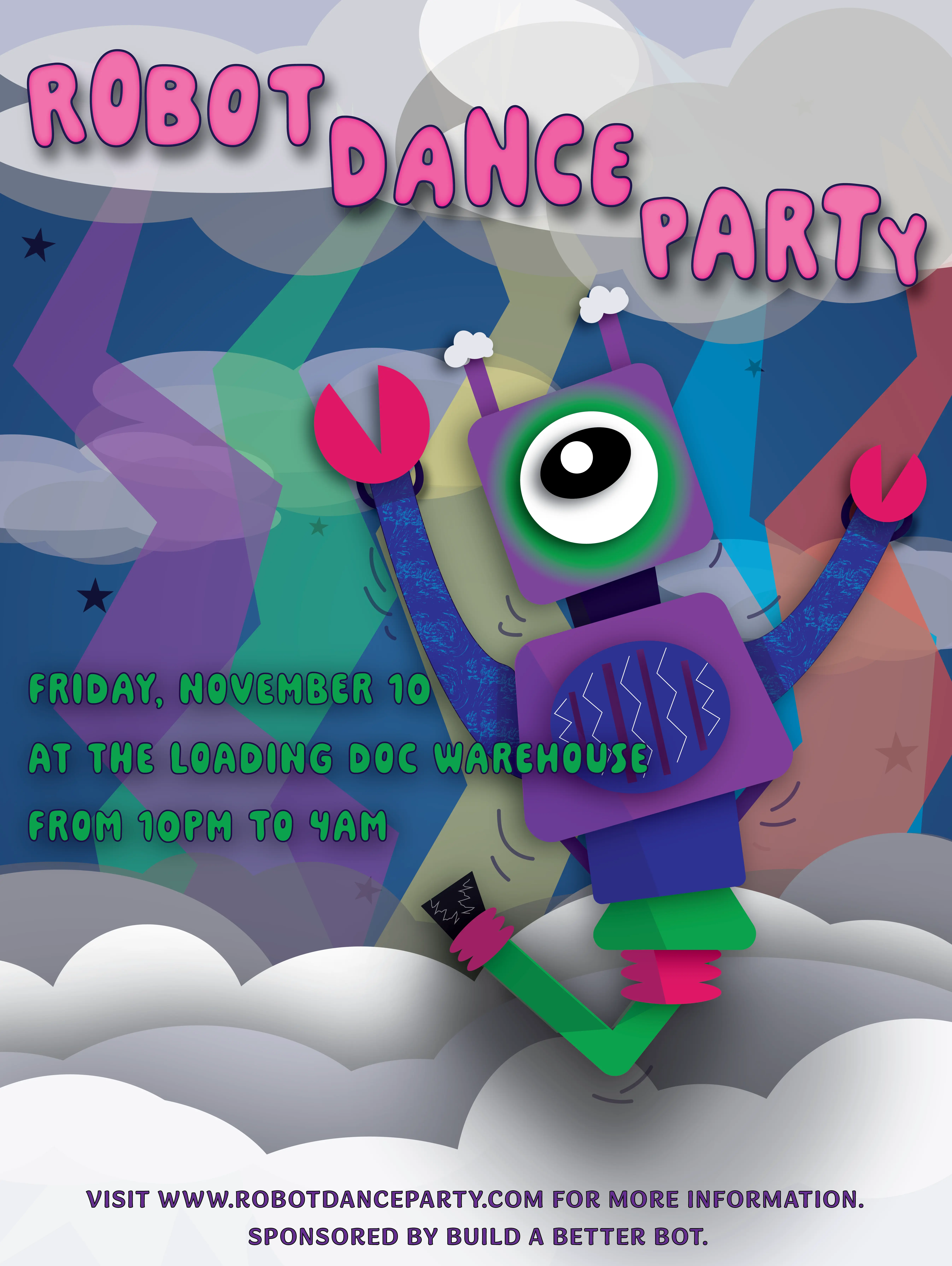 Advertisement for a robot dance party